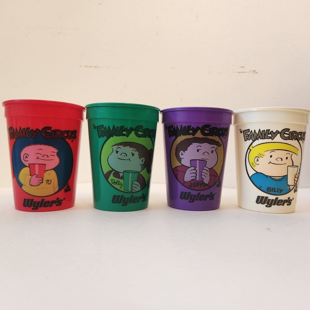 Vtg Family Circus Wylers Promo Plastic Cups Set of 4 Billy Jeffy Dolly PJ 12oz